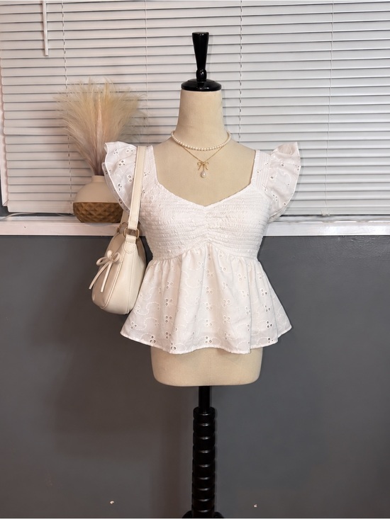 Thirty Thirty Tops - White Eyelet Smocked Peplum Blouse with Flutter Sleeves